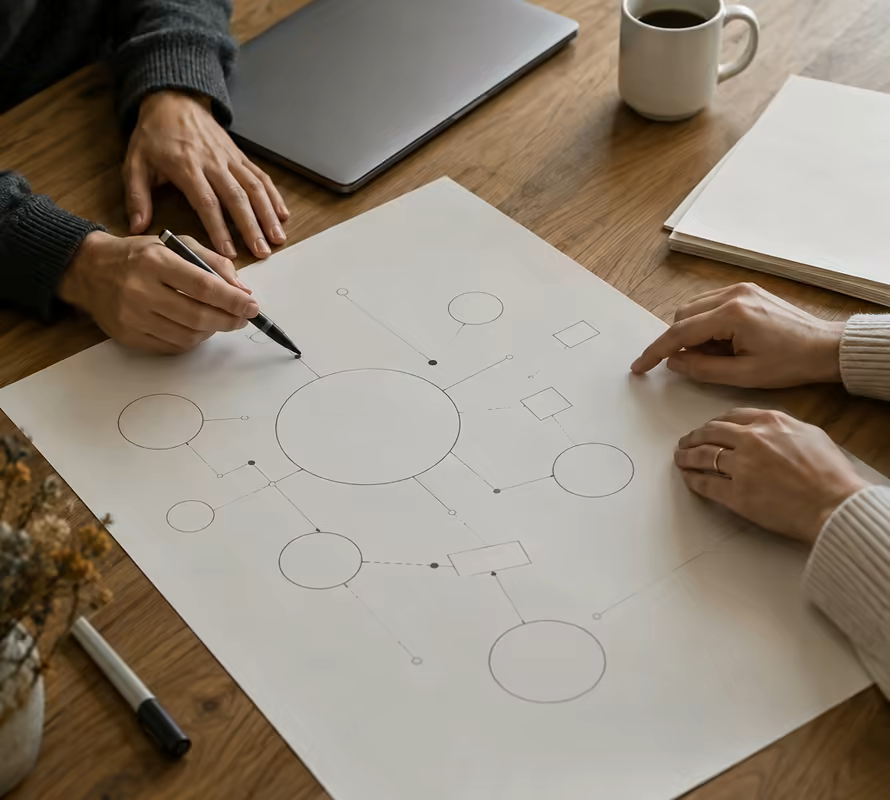 Hands over a printed process diagram, laptop and coffee on the desk