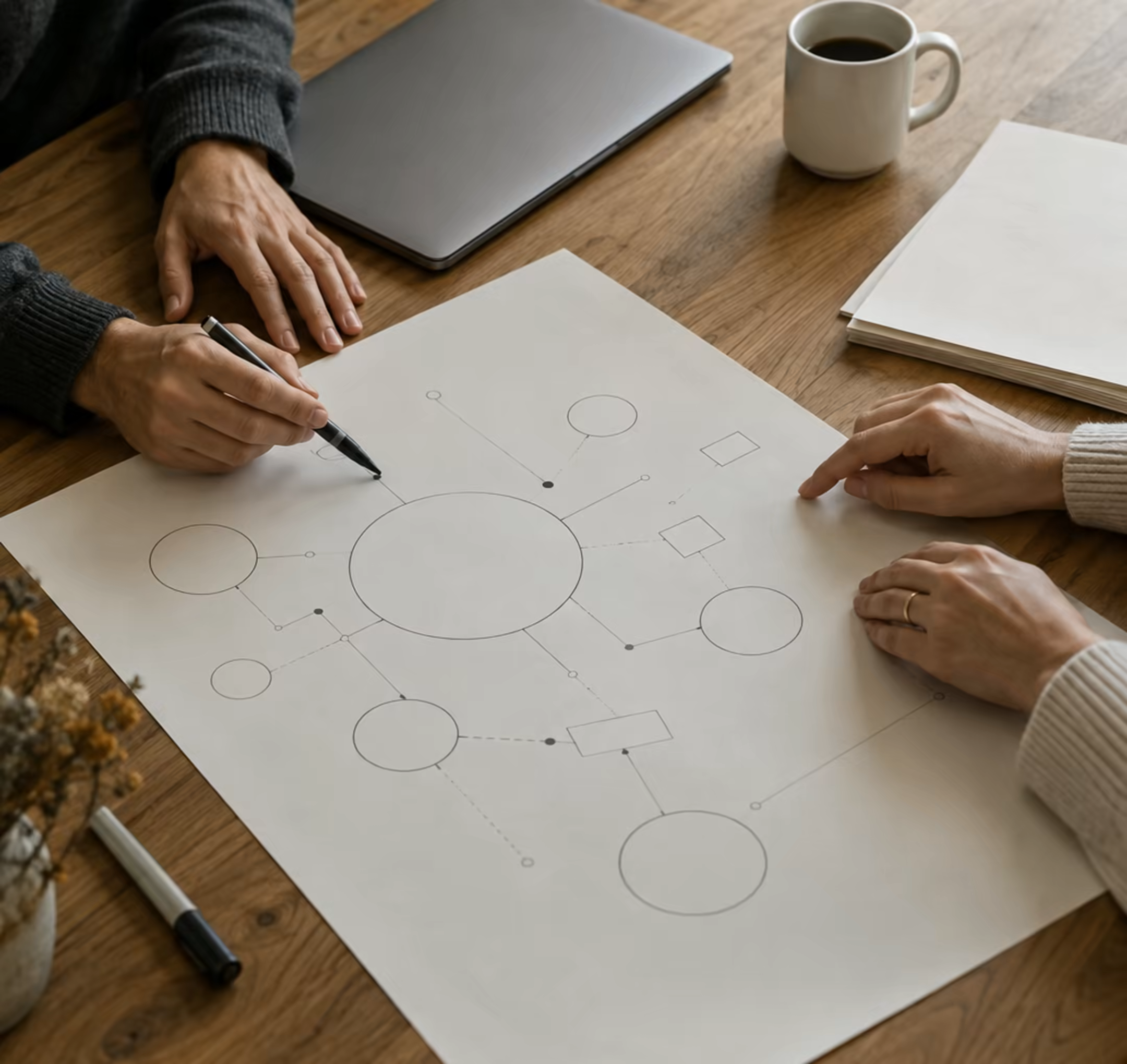 Hands over a printed process diagram, laptop and coffee on the desk