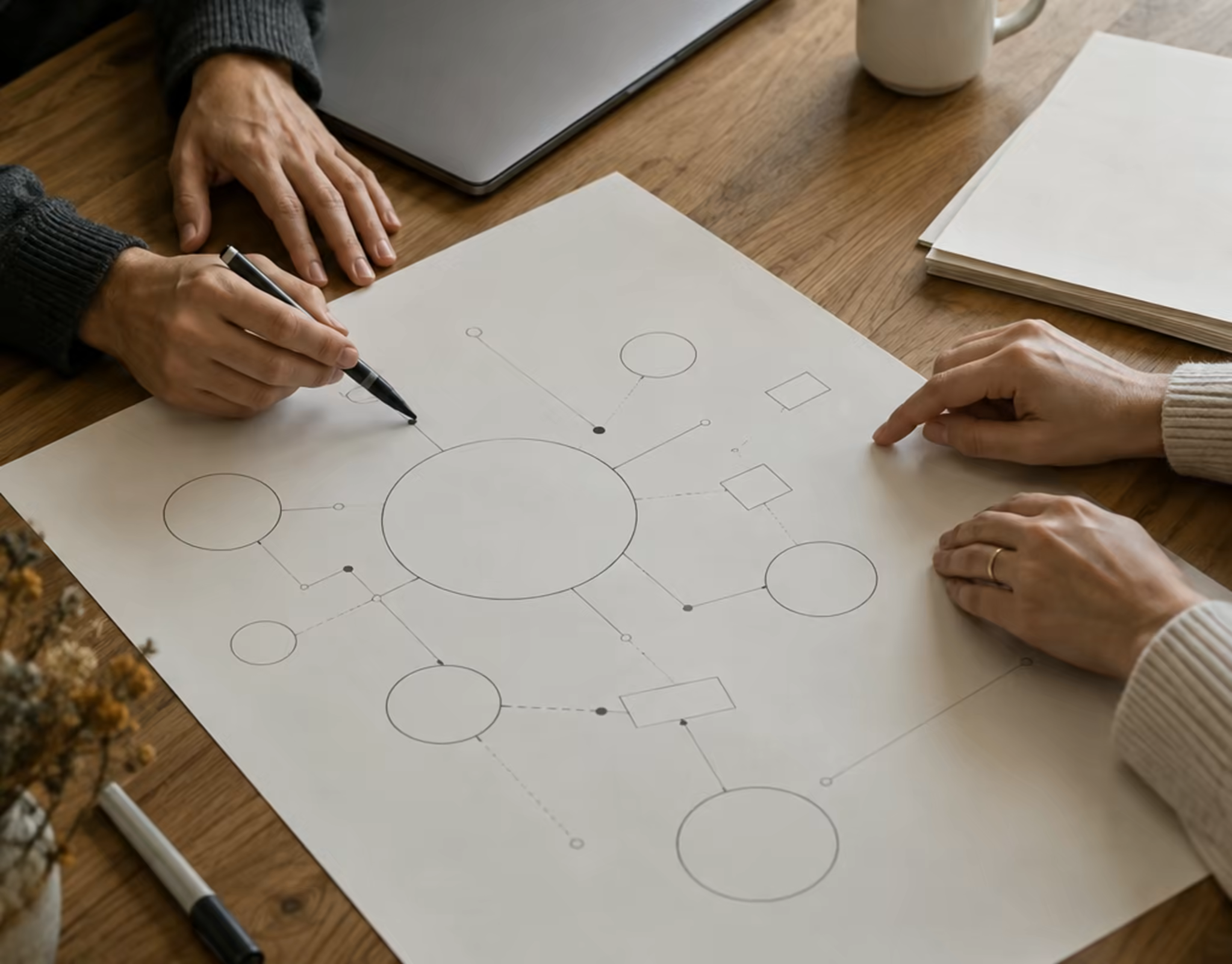 Two people marking up a process diagram on an oak desk