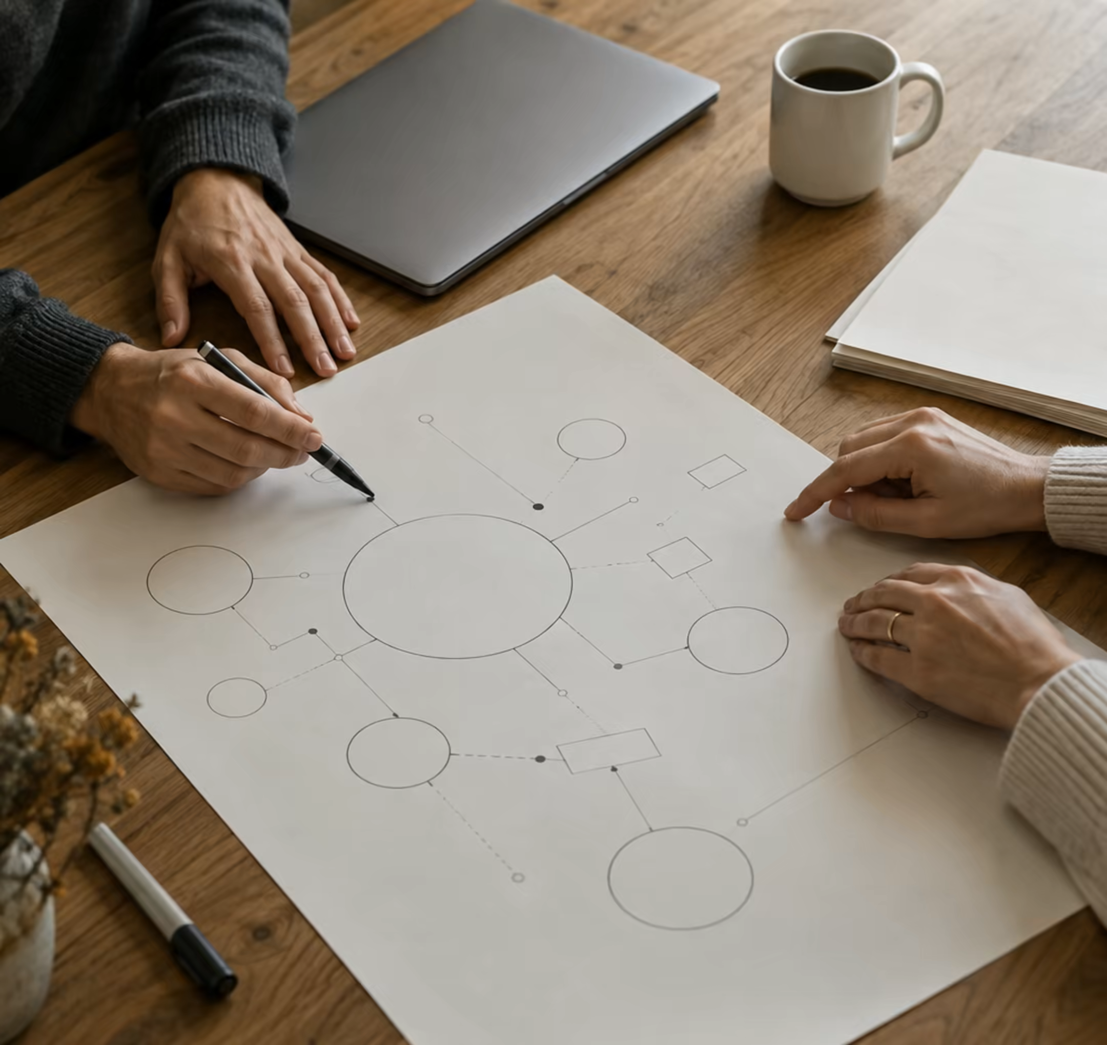 Hands and a pen over a planning diagram