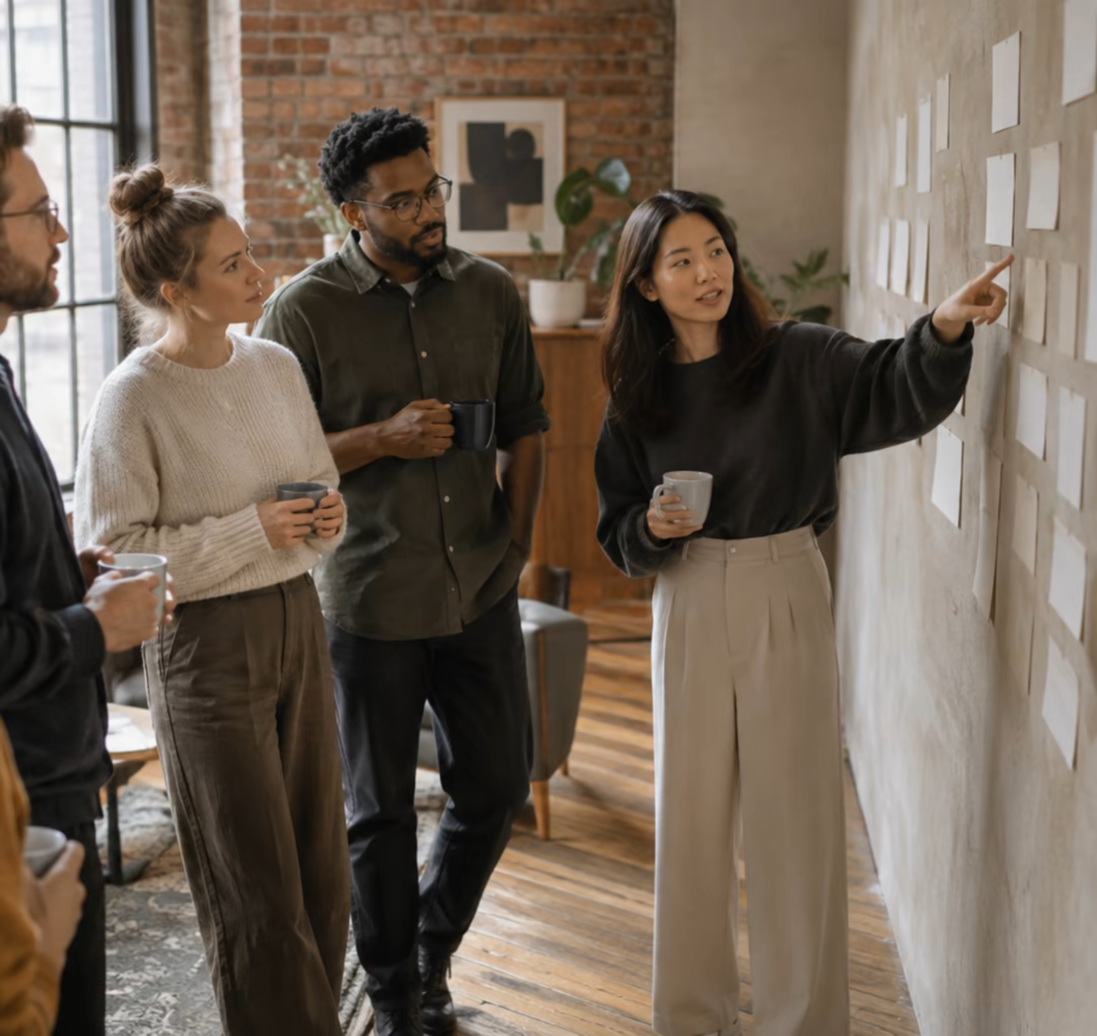 A team at a wall of cards during a morning review