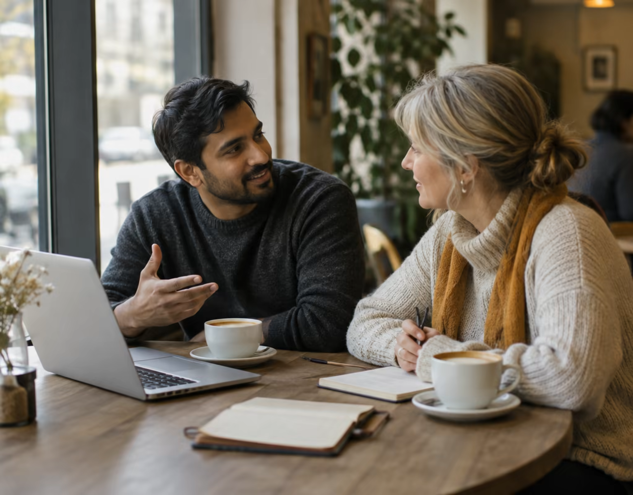 Two people working through numbers at a cafe table