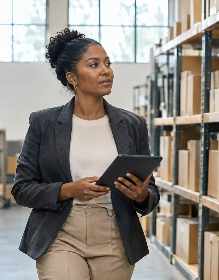 An operations manager walking a stockroom with a tablet