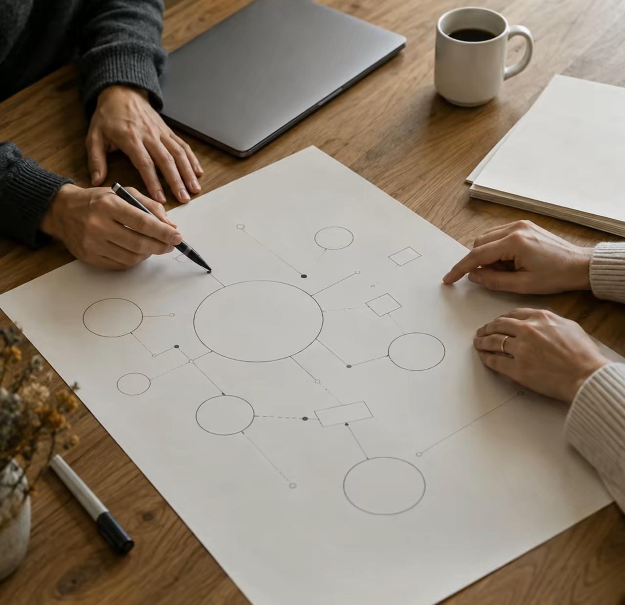 Two people marking up a process diagram on a desk