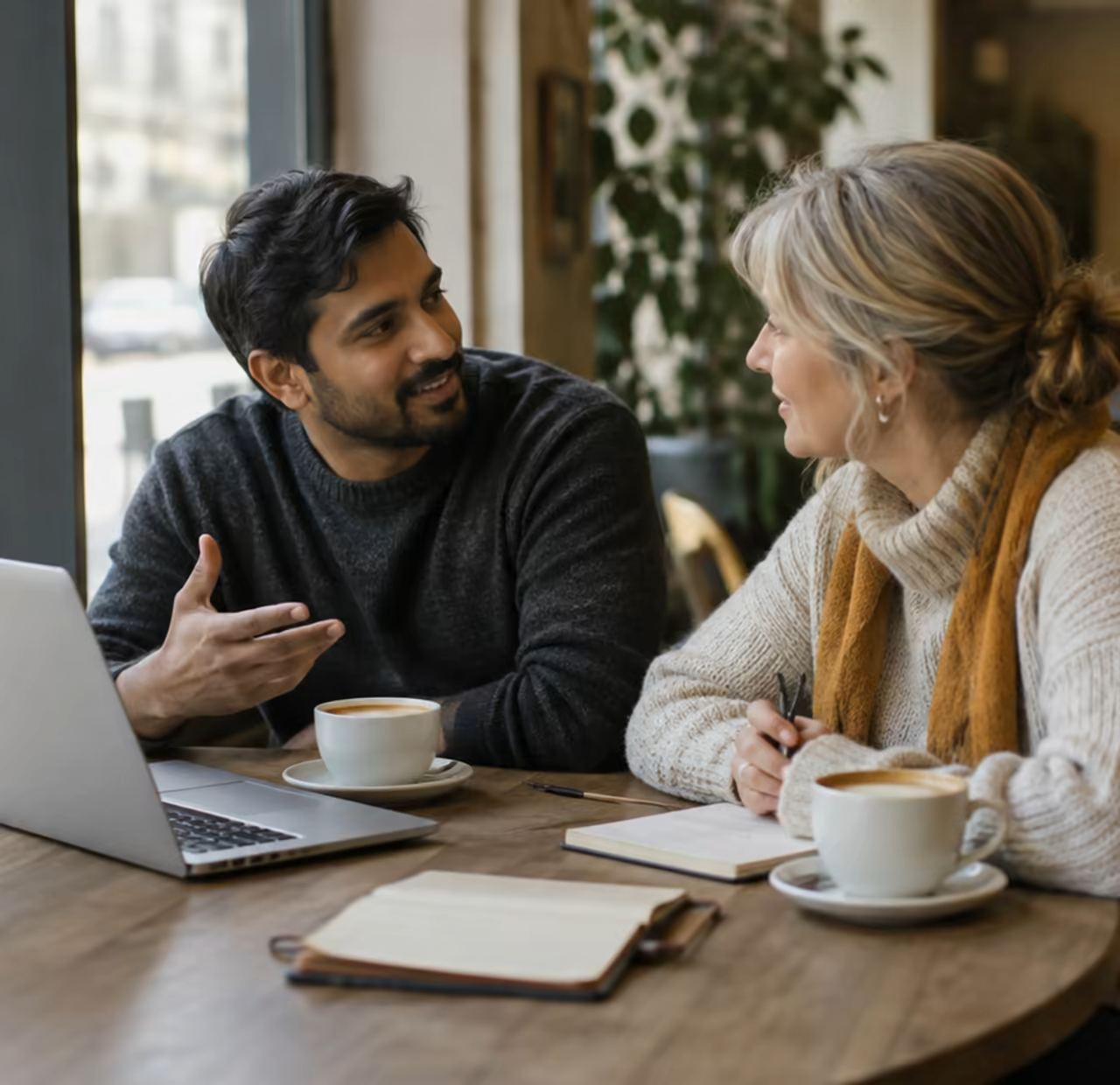 A Clearline adviser and a client in conversation over coffee