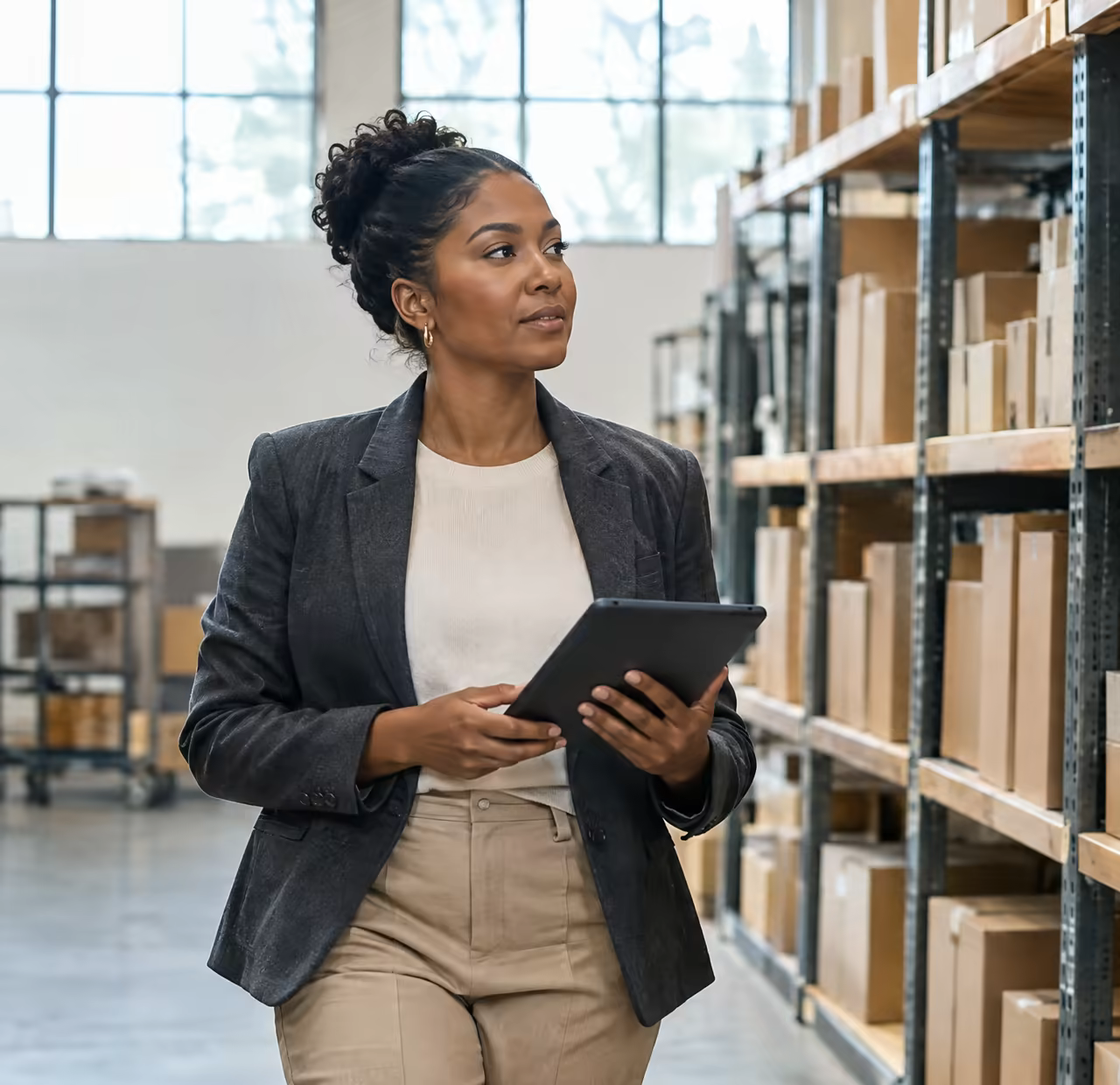 An operations manager reviewing stock on a warehouse floor