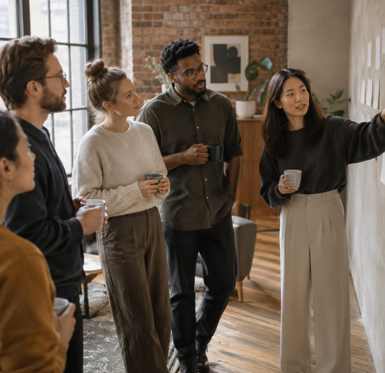 A team standing at a wall of cards in a morning review
